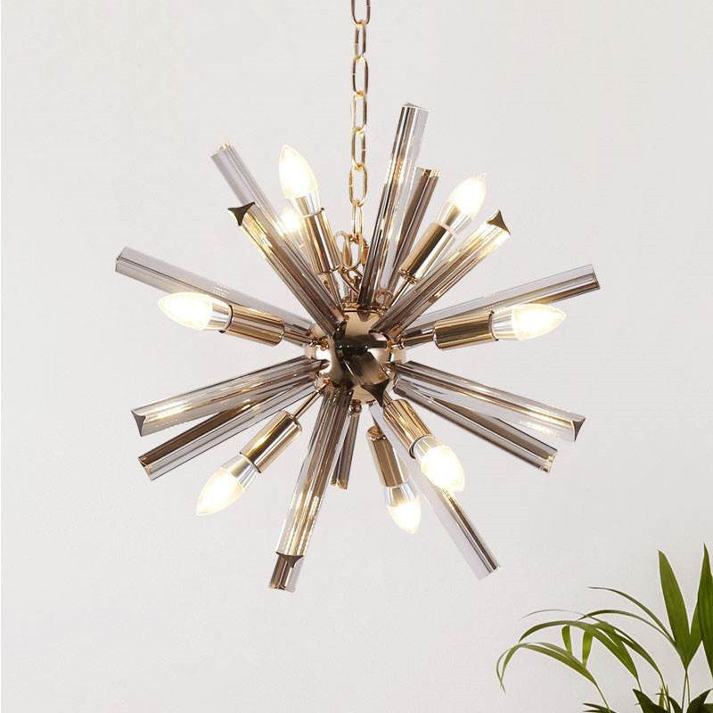 Lampada del lampadario da soggiorno a 9 bulbina Lampada a sospensione moderna in ottone con ombra cristallina smussata Starburst