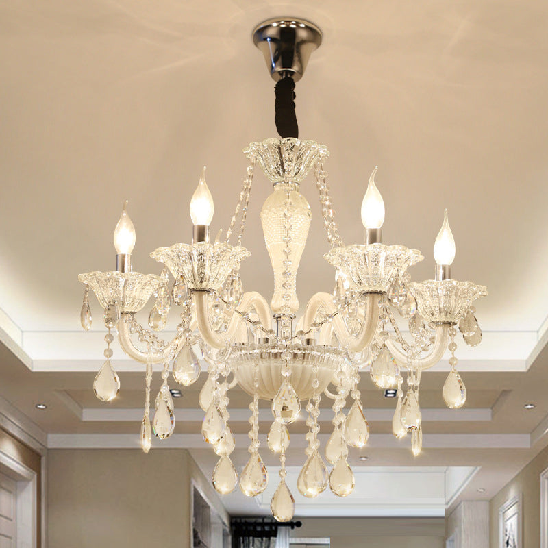 Chandelier suspendu moderne Verre en cristal transparent 6 bulbes salon plafond pendentif Light en blanc