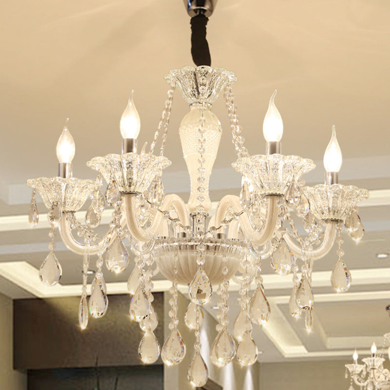 Chandelier suspendu moderne Verre en cristal transparent 6 bulbes salon plafond pendentif Light en blanc