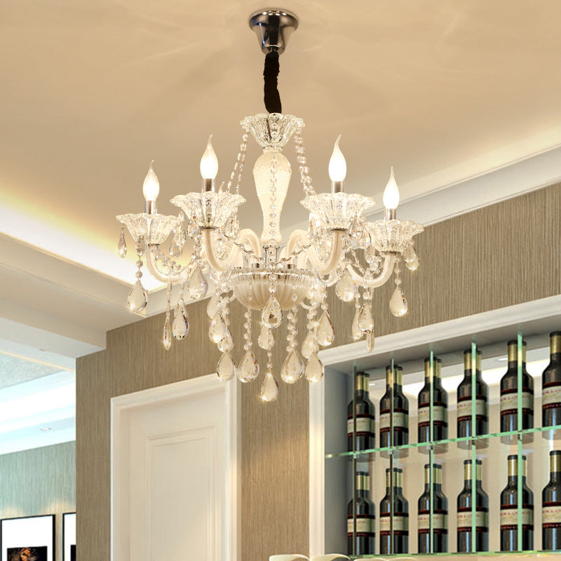 Chandelier suspendu moderne Verre en cristal transparent 6 bulbes salon plafond pendentif Light en blanc