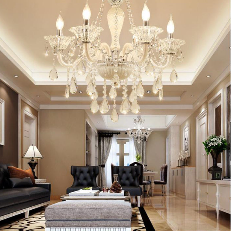 Chandelier suspendu moderne Verre en cristal transparent 6 bulbes salon plafond pendentif Light en blanc