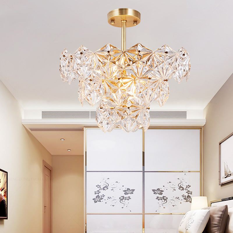 9 Heads Suspension Light Traditional Tapered Hexagon Glass Chandelier Lighting Fixture in Gold