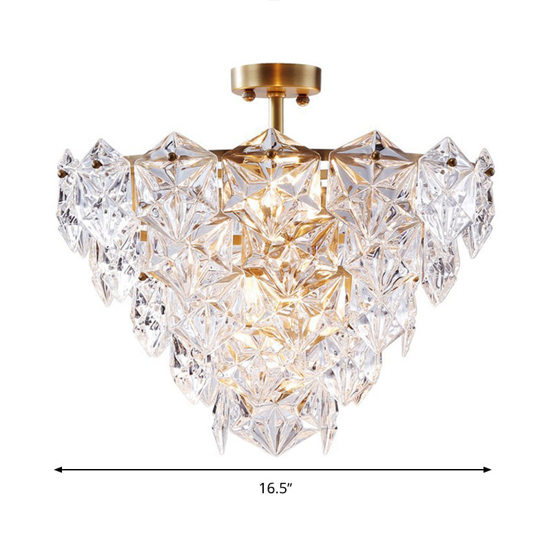 9 Heads Suspension Light Traditional Tapered Hexagon Glass Chandelier Lighting Fixture in Gold