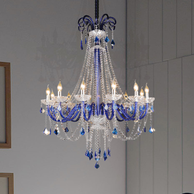 Crystal Candle Hanging Chandelier Modern 12 Lights Blue Ceiling Lamp for Balcony