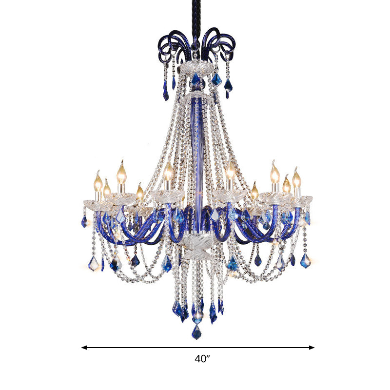 Crystal Candle Hanging Chandelier Modern 12 Lights Blue Ceiling Lamp for Balcony