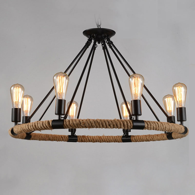 Bare Bulb Design Hemp Rope Chandelier Round Vintage Industrial Style Lighting Pendant for Restaurants Coffee Shop