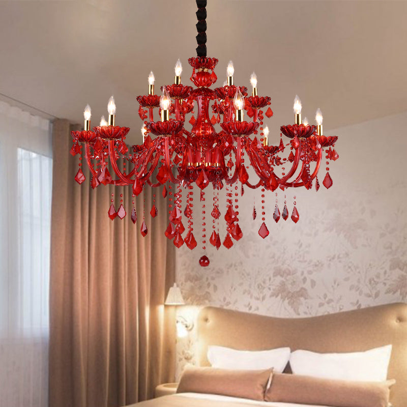 Crystal Candle/Bell Chandelier Lighting Modern 6/18 Lights Red Hanging Pendant with Shade/Shadeless, 23.5"/37.5" Wide