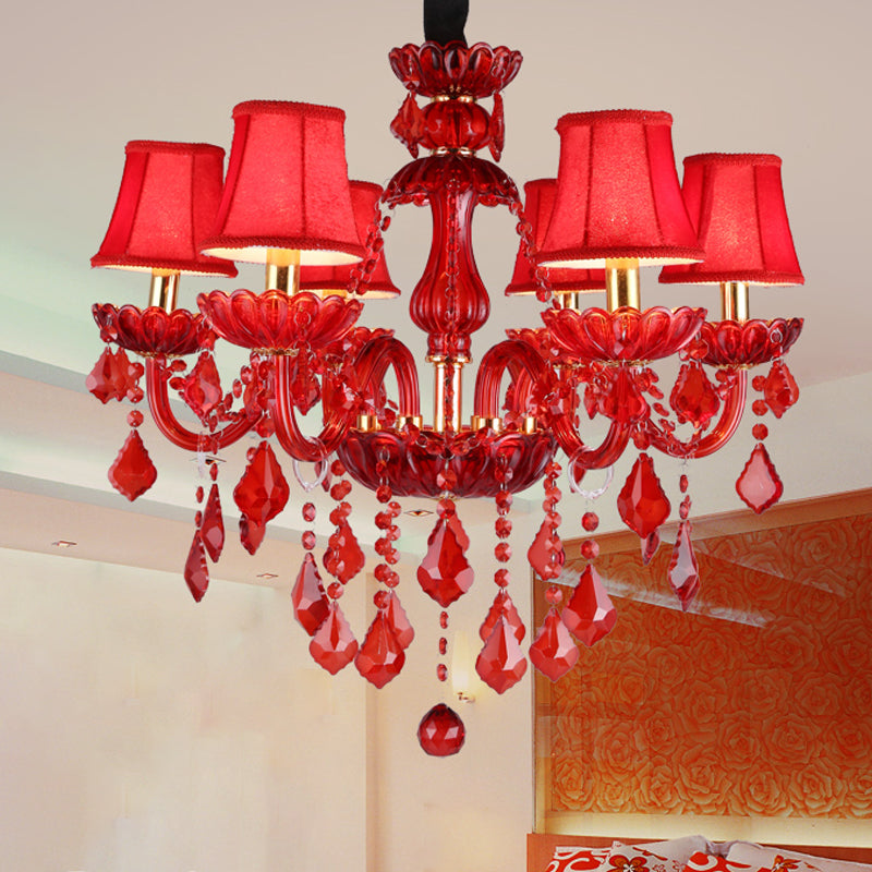 Crystal Candle/Bell Chandelier Lighting Modern 6/18 Lights Red Hanging Pendant with Shade/Shadeless, 23.5"/37.5" Wide