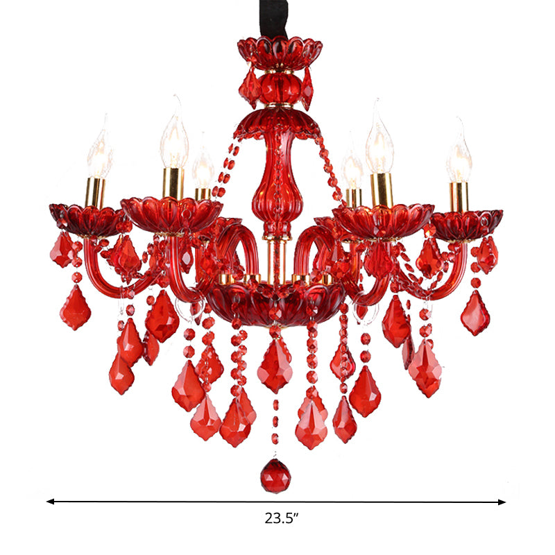 Crystal Candle/Bell Chandelier Lighting Modern 6/18 Lights Red Hanging Pendant with Shade/Shadeless, 23.5"/37.5" Wide