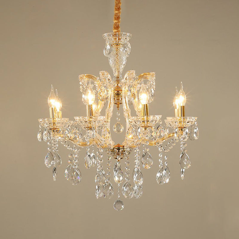 Modernist Candlestick Ceiling Chandelier Clear Crystal Glass 6/8 Bulbs Dining Room Pendant Lamp in Gold