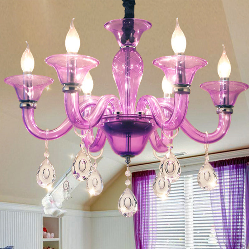 Modern Candlestick Hanging Chandelier Clear Crystal Glass 6 Bulbs Restaurant Pendant Ceiling Light in Purple