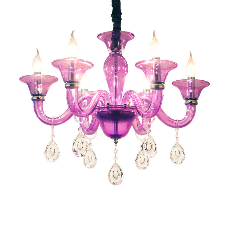 Modern Candlestick Hanging Chandelier Clear Crystal Glass 6 Bulbs Restaurant Pendant Ceiling Light in Purple