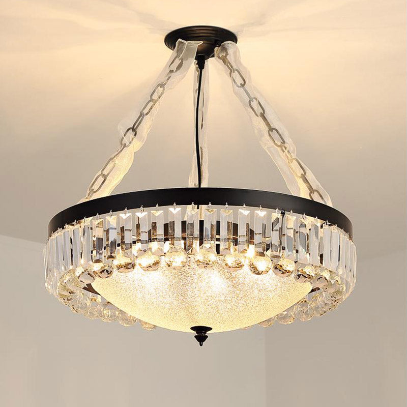 18"/23.5" Wide Dome Hanging Pendant Simple Tri-Sided Crystal Rod 6/9 Lights Black Ceiling Chandelier