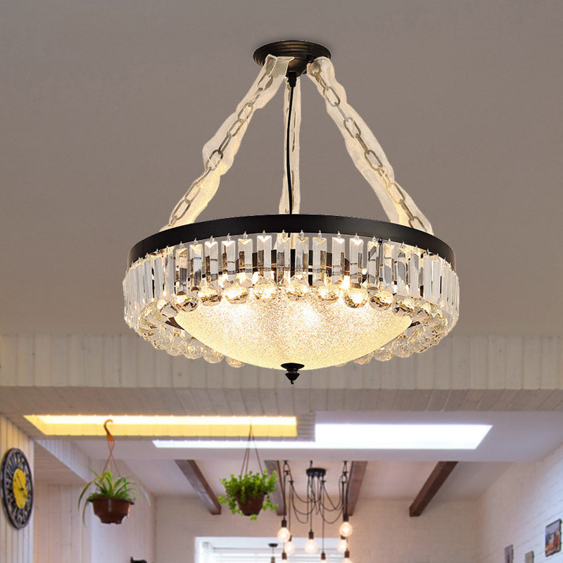 18"/23.5" Wide Dome Hanging Pendant Simple Tri-Sided Crystal Rod 6/9 Lights Black Ceiling Chandelier