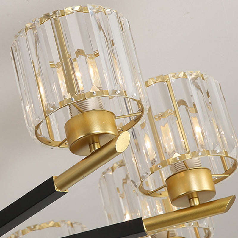 8 Lights Bedroom Chandelier Light Simple Style Black and Gold Hanging Light Kit with Cylinder Crystal Rod Crystal Shade