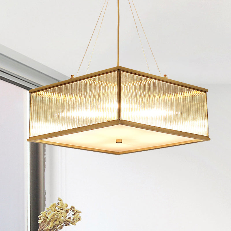 Square Clear Faceted Crystal Suspension Lamp Postmodern 4 Lights Brass Hanging Chandelier