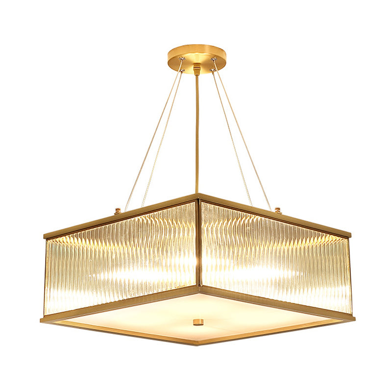 Square Clear Faceted Crystal Suspension Lamp Postmodern 4 Lights Brass Hanging Chandelier