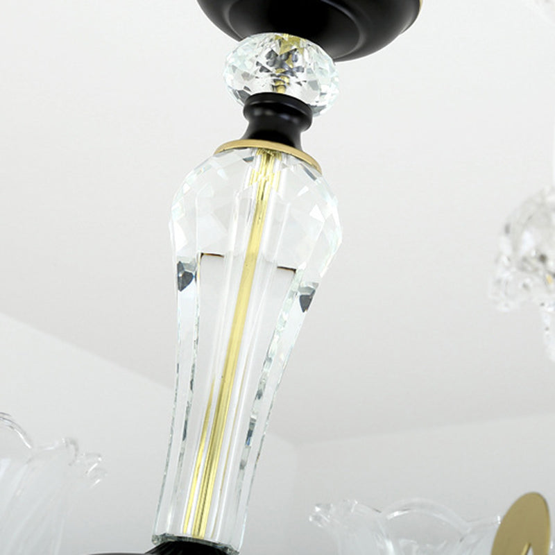 Flower Clear Glass Suspension Pendant Light Contemporary 6/8/10 Heads Black Hanging Chandelier