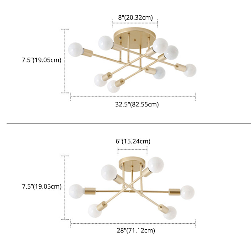 Bare Bulb Modern Minimalist Ceiling Lamp Multi-lights Metal Semi Flush-mount Light for Restaurants Coffee shop