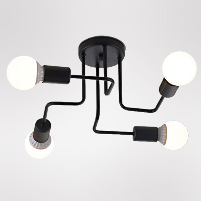 Industrial Style Ceiling Light with Iron Bend Arm Design Open Bulb Retro Suspension Lighting Fixture in Black