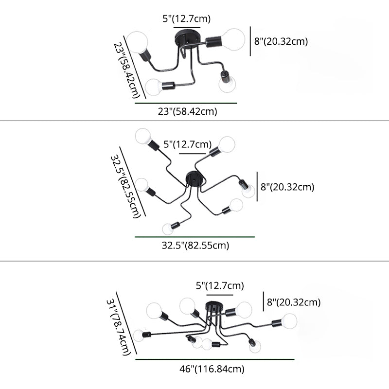 Deckenleuchte im industriellen Stil mit Eisen Biegung Arm Design Offener Glühbirnen Retro Suspensionsbeleuchtung in Schwarz