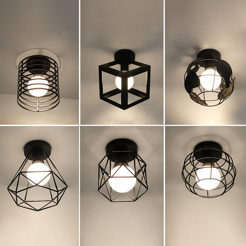 1-Light Wire Cage Semi Flush Mount Light Fixture Industrial Metal Semi-Flush Mount in Black Finish