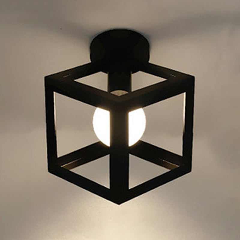 1-Light Wire Cage Semi Flush Mount Light Fixture Industrial Metal Semi-Flush Mount in Black Finish