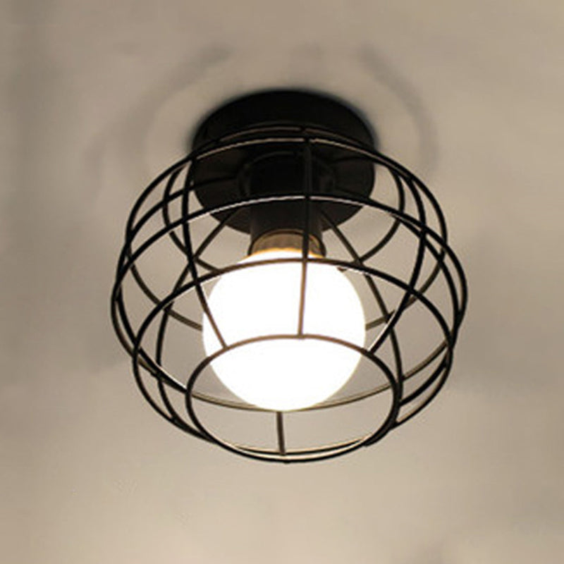 1-Light Wire Cage Semi Flush Mount Light Fixture Industrial Metal Semi-Flush Mount in Black Finish