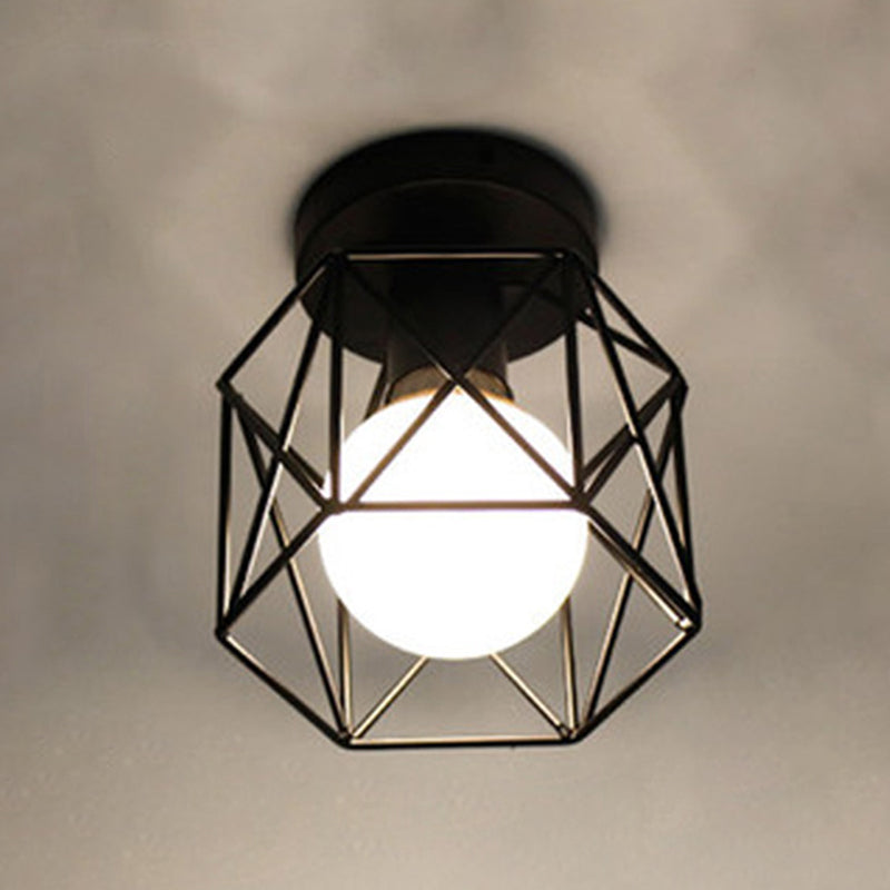 1-Light Wire Cage Semi Flush Mount Light Fixture Industrial Metal Semi-Flush Mount in Black Finish