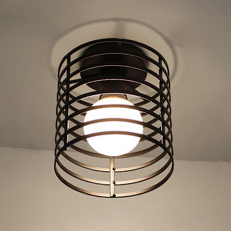 1-Light Wire Cage Semi Flush Mount Light Fixture Industrial Metal Semi-Flush Mount in Black Finish