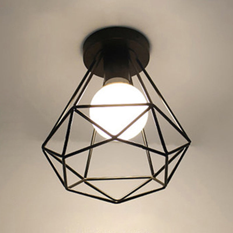 1-Light Wire Cage Semi Flush Mount Light Fixture Industrial Metal Semi-Flush Mount in Black Finish