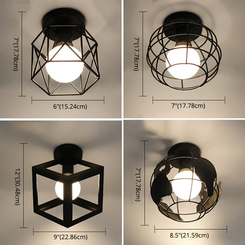 1-Light Wire Cage Semi Flush Mount Light Fixture Industrial Metal Semi-Flush Mount in Black Finish