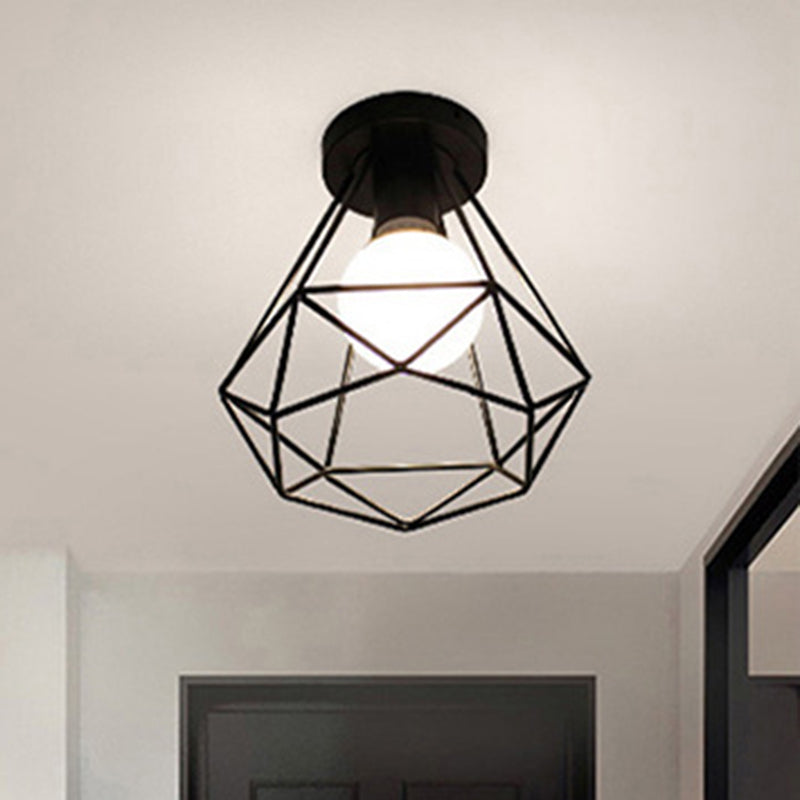 1-Light Wire Cage Semi Flush Mount Light Fixture Industrial Metal Semi-Flush Mount in Black Finish