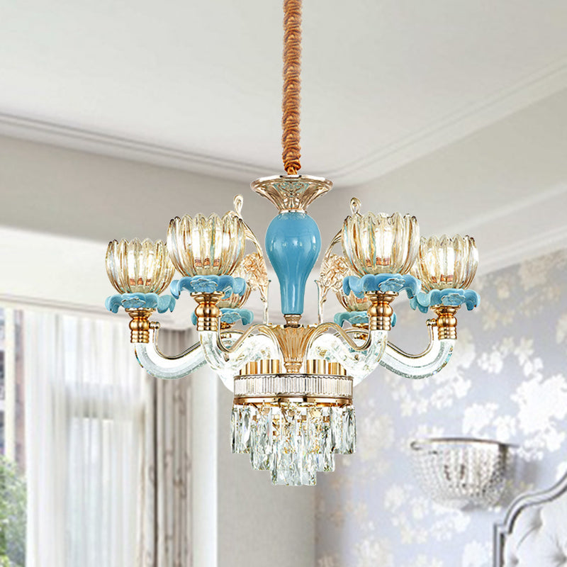 Blue Flower Hanging Ceiling Light Modernism 6/8/12 Heads 21.5"/31.5"/39" Wide Amber Glass Chandelier Lighting