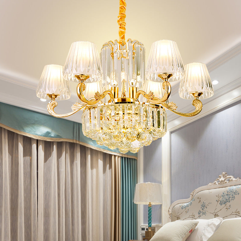 Empire Shape Suspension Light Postmodern Tri-Sided Crystal Rod 6/8/10 Heads Gold Pendant Chandelier