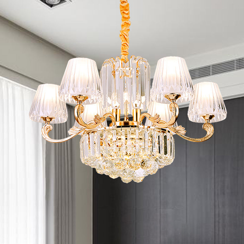 Empire Shape Suspension Light Postmodern Tri-Sided Crystal Rod 6/8/10 Heads Gold Pendant Chandelier