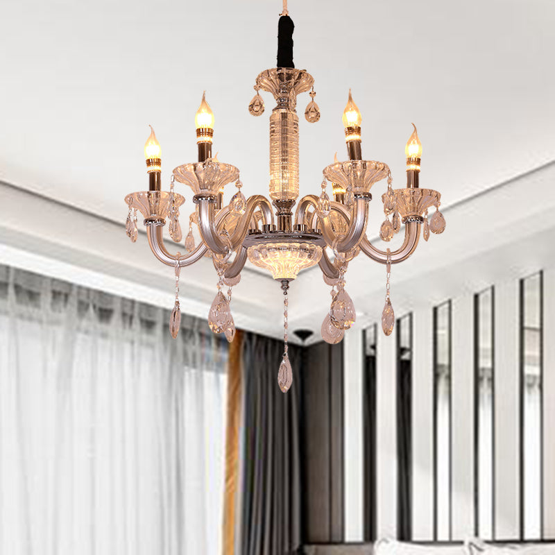 Candelabra Hanging Lamp Contemporary Crystal Drop 6/8 Heads 23.5"/31.5" Wide Silver Pendant Chandelier