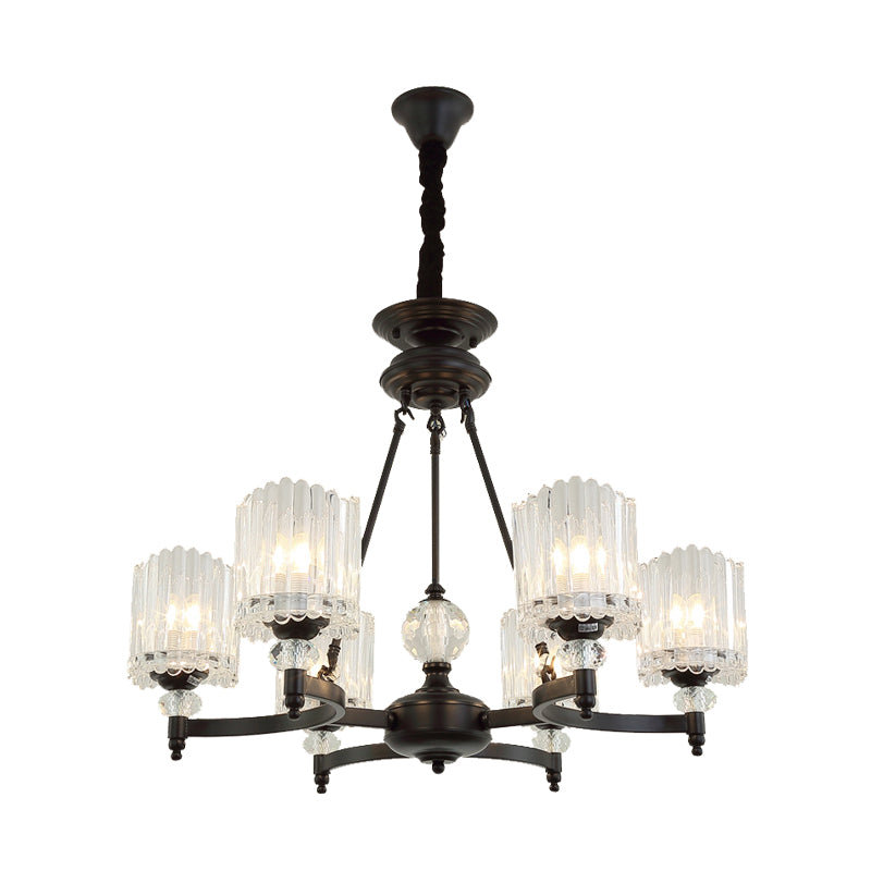 Black Cylinder Suspension Lighting Contemporary 6/8/10 Heads Crystal Rod Hanging Lamp Kit, 28"/34.5"/42.5" Wide