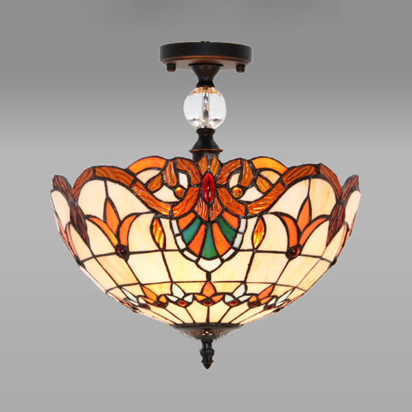 12"/16" W Victorian Bowl Semi Flush Light Stained Glass Living Room Semi Flush Mount Light in Beige