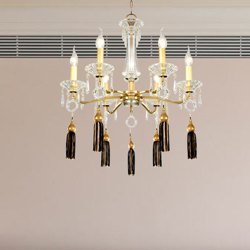 Clear Crystal Suspension Lamp Vintage 6 Heads Gold Hanging Chandelier with Tassel Decoration