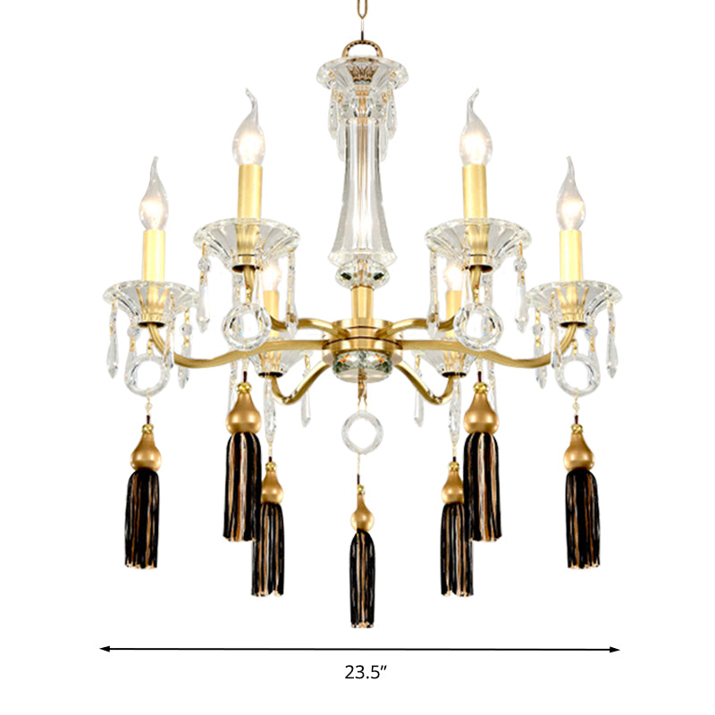 Clear Crystal Suspension Lamp Vintage 6 Heads Gold Hanging Chandelier with Tassel Decoration