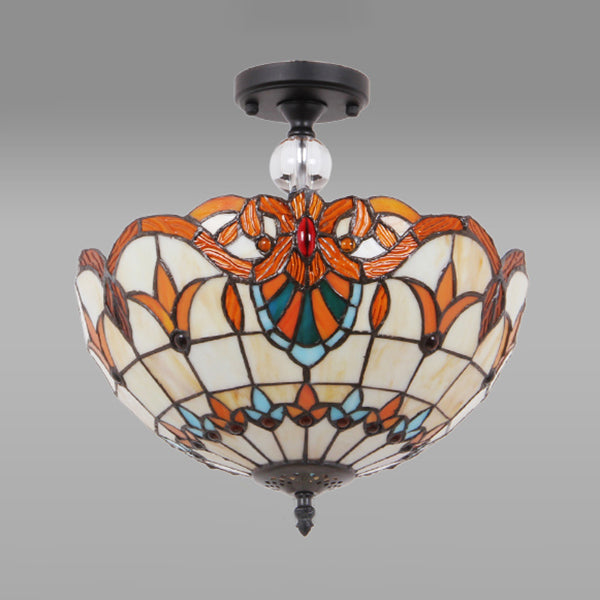 12"/16" W Victorian Bowl Semi Flush Light Stained Glass Living Room Semi Flush Mount Light in Beige