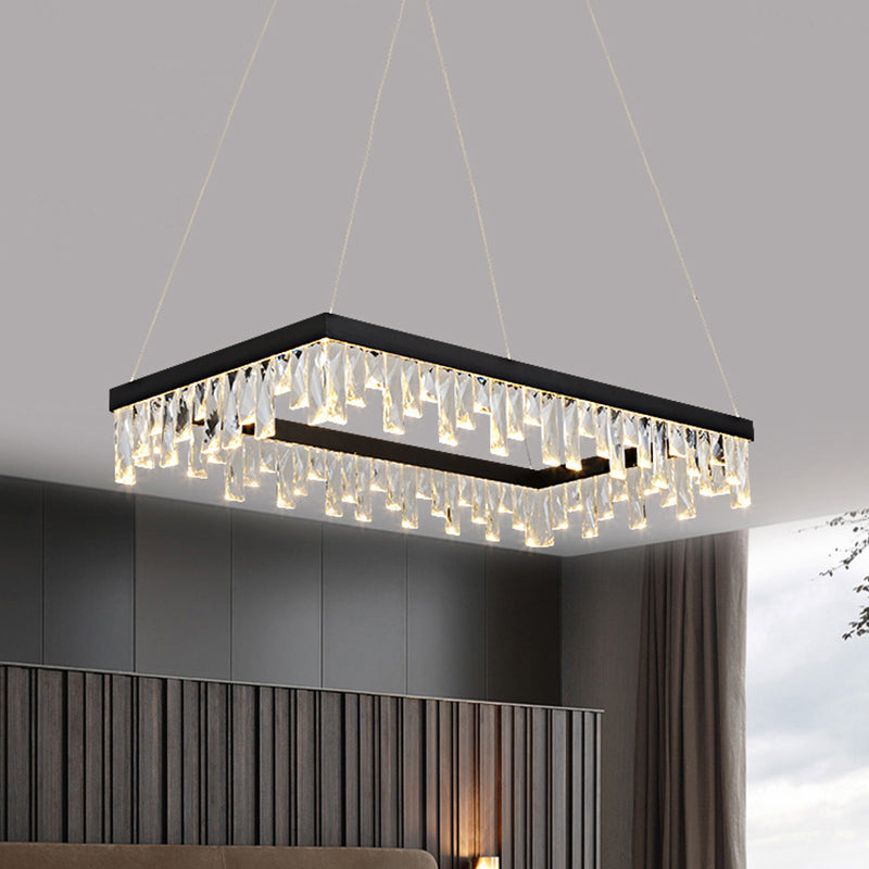 Rectangle Hanging Light Modern Crystal Block 16"/23.5" Wide LED Black Chandelier Lighting