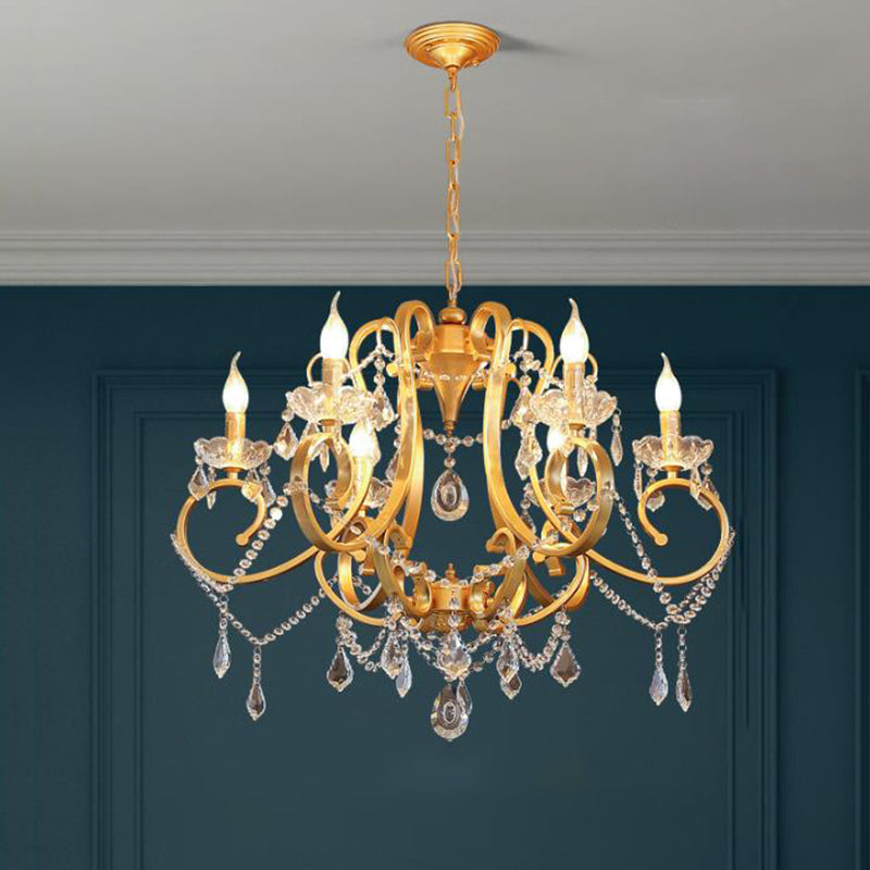 Candle Dining Room Pendant Ceiling Light Crystal Drop 6 Heads Postmodern Chandelier Lamp in Brass