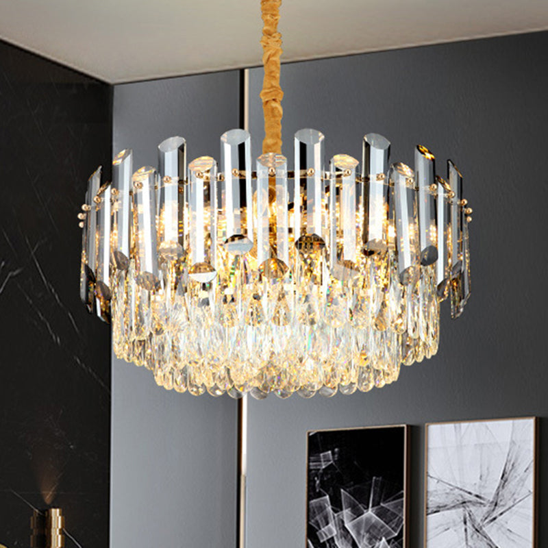 Drum Beveled Crystal Pendant Light Kit Postmodern 10 Heads Brass Chandelier Lighting