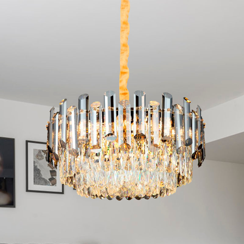 Drum Beveled Crystal Pendant Light Kit Postmodern 10 Heads Brass Chandelier Lighting