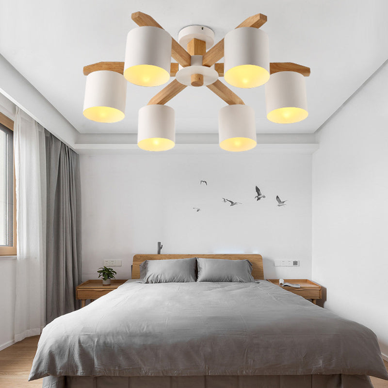 Wooden Cylinder Semi Flush Mount Lighting Modern White Semi Flush Ceiling Light Fixture