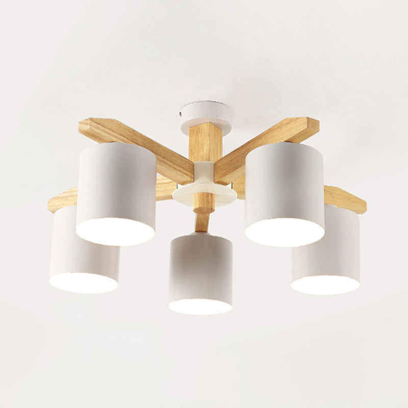 Wooden Cylinder Semi Flush Mount Lighting Modern White Semi Flush Ceiling Light Fixture