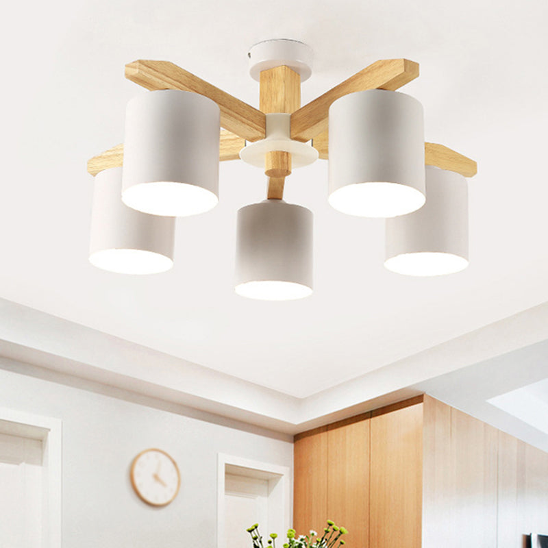 Wooden Cylinder Semi Flush Mount Lighting Modern White Semi Flush Ceiling Light Fixture