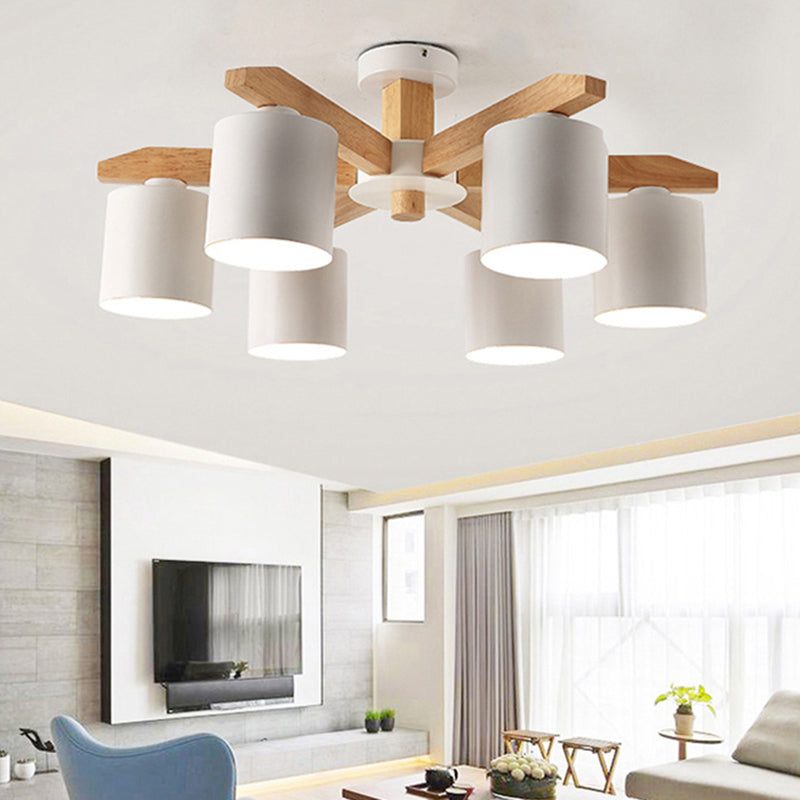 Wooden Cylinder Semi Flush Mount Lighting Modern White Semi Flush Ceiling Light Fixture